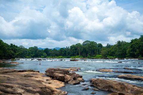River Flows Between Rocks In Rainforest Stock Photos