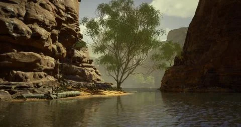 River flows between rugged cliffs with a solitary tree in sunlight Stock Illustration