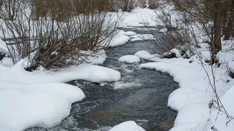 River flows between snowy banks Stock Footage 148365991