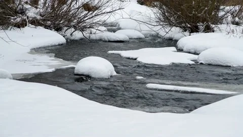 River flows between snowy banks Stock Footage 148366112