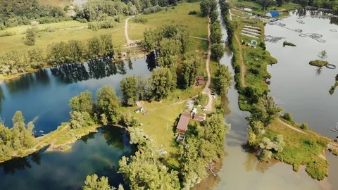 The river flows between two lakes. Stock Footage 106193689