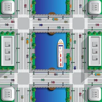 The river flows in the city. Stock Illustration