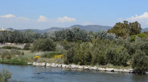 River Flows Clear And Clean And Biker Walks Stock Footage 52952122
