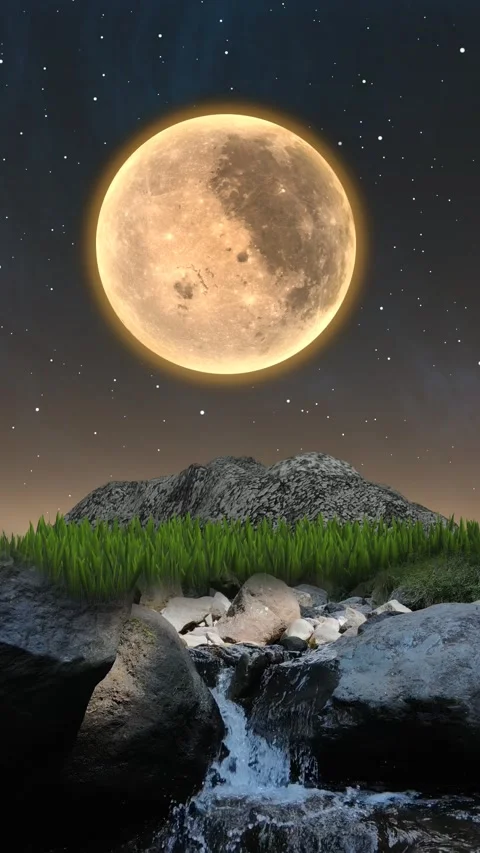The river flows with a full moon in the background Stock Footage 296950363