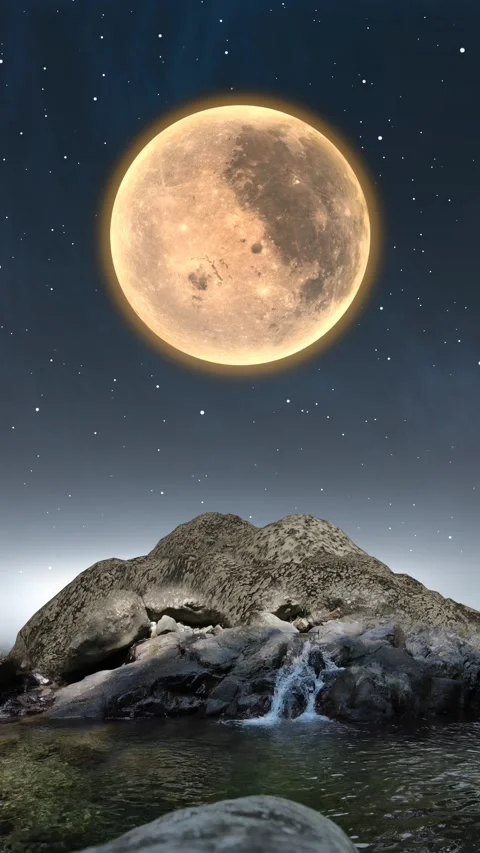 The river flows with a full moon in the backgrounde Video stock 296950464