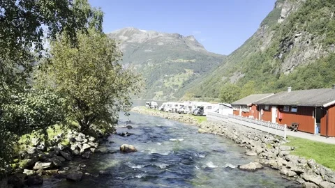 The river flows into the Geirangerfjord Stock Footage 317246270