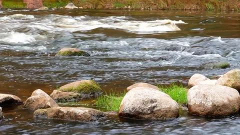 A river flows over rocks in this beautiful scene. Stock Footage 71122418