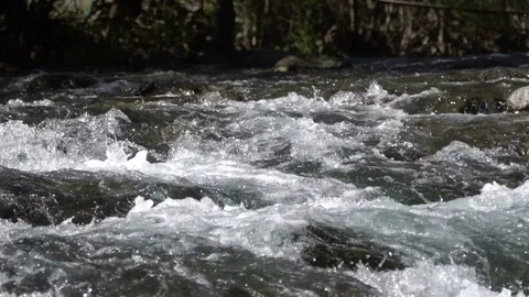 A river flows over rocks in this beautiful scene Stock Footage 73648494
