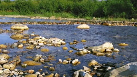 A river flows over rocks in this beautiful scene in forest mountains. Stock Footage 78774740