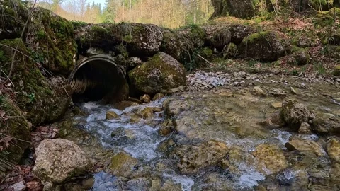 The river flows on stones into a drain pipe in spring day Stock Footage 276384599