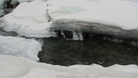 River flows through the ice and snow of winter Stock Footage 73616853