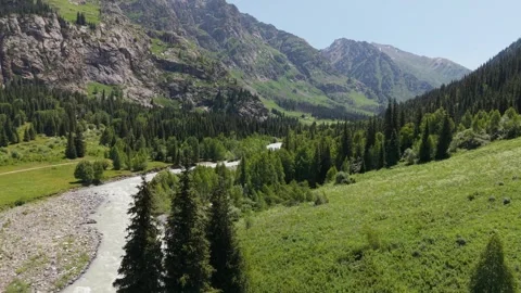 River flows through lush green valley surrounded by mountains Stock Footage 312443305
