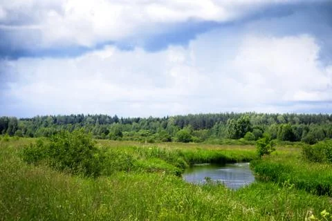 The river flows through the meadows in Belarus Stock Photos