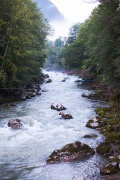 The river flows through a mountainous area in a forest in the Austrian Alps Stock Photos