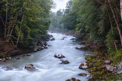 The river flows through a mountainous area in a forest in the Austrian Alps Stock Photos