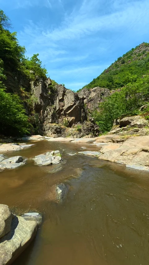 River flows through rocky canyon walls. Vucjanka Canyon, Serbia. Vertical Stock Footage 341130548