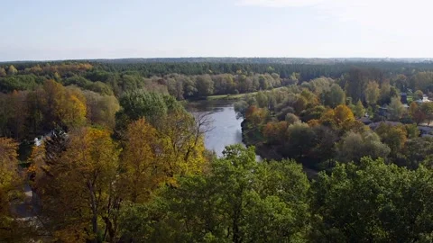 River flows through a rural village. In the background is a forest landscape. Stock Footage 306401412