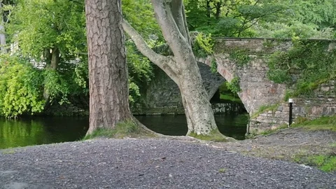 A river flows under old mossy brick and stone bridge in Ogwen Valley Stock Footage 78659820