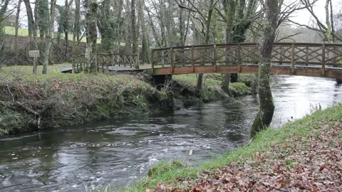 River flows under a wooden bridge in Vilalba, Spain Stock Footage 301570156