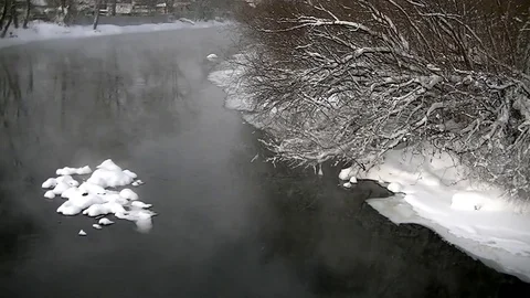 River flows in winter - Snow falls Stock Footage 71243518