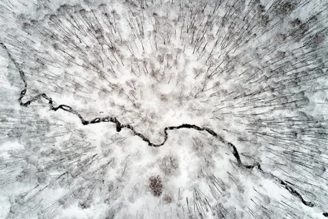 The river flows in winter through a park with trees on which lies snow. Stock Photos
