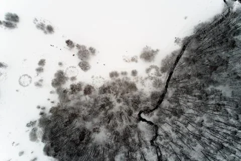 The river flows in winter through a park with trees on which lies snow. Stock Photos
