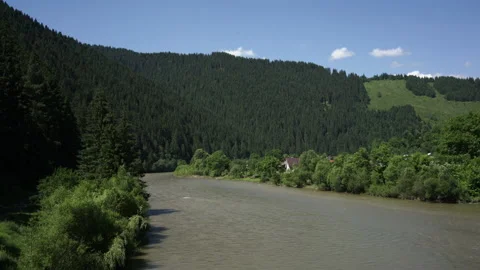 River with Forested Hills in Background Stock Footage 135742328