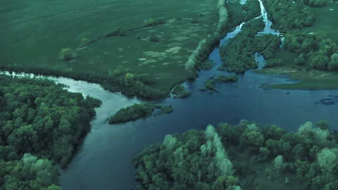 River, forests, fields, view from a helicopter. Desna river Stock-Footage 154458125