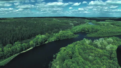 River, forests, fields, view from a helicopter. Desna river Stock-Footage 154458421