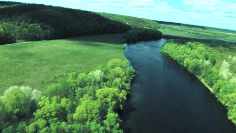 River, forests, fields, view from a helicopter. Desna river Stock-Footage 154458516
