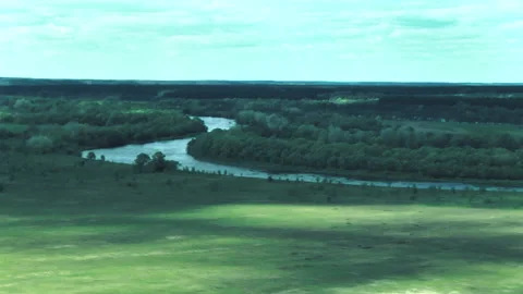 River, forests, fields, view from a helicopter. Desna river Stock-Footage 154458613