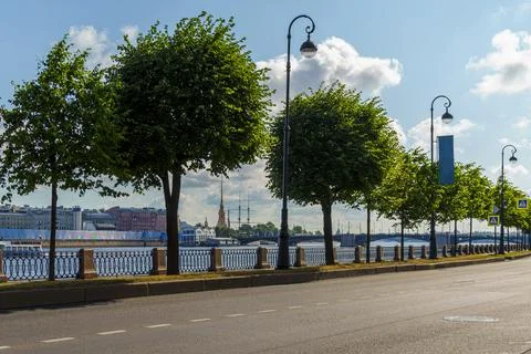 River front overlooking Peter and Paul Cathedral in early hot summer morning 스톡 사진