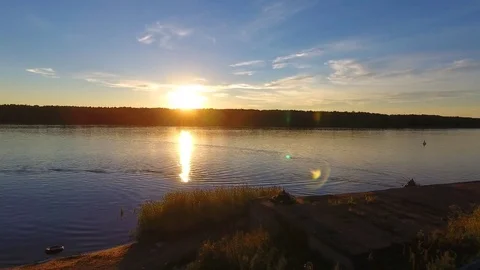 River in front of the sunset, aerial view Stock Footage 79350973