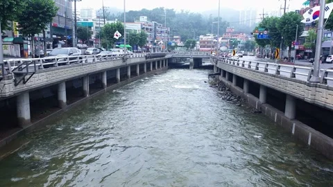 River in full flow after heavy rain in wide angle show, Seoul Stock Footage 246130272