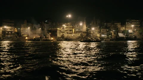 River Ganges at night and the fire of the crematoria. Stock Footage 197023740