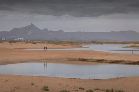 The river going through the desert in Wuhai, Inner Mongolia, China Stock Photos