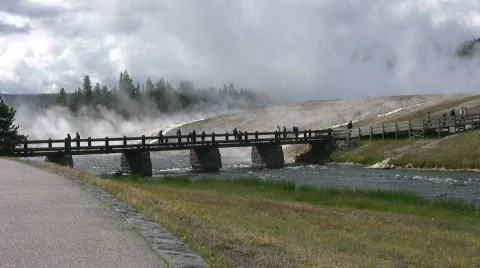 River Hotsprings and Walking bridge at Yellowstone Park Stock Footage 503853