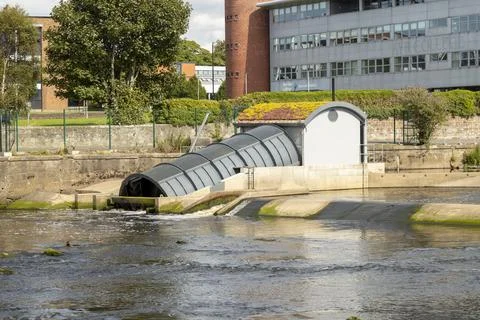 River Hydro Power Electricty Archimedean Screw Turbine Generator Stock Photos