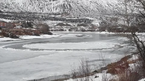 River ice disc, rare river phenomenon, forms at junction of 2 currents in winter Stock Footage 150969304