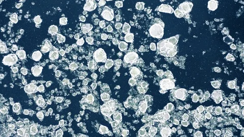 River ice floe in winter, snow falling down, static aerial top down view 動画素材 101094233