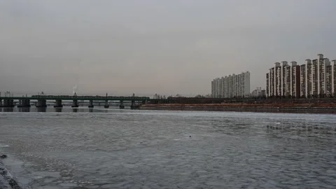 River is icebound. Ice on Surface. Winter. Cold. Nature Stock Footage 148966360