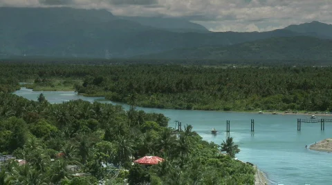 River Inlet wit hanging bridge town of baler Video stock 475186