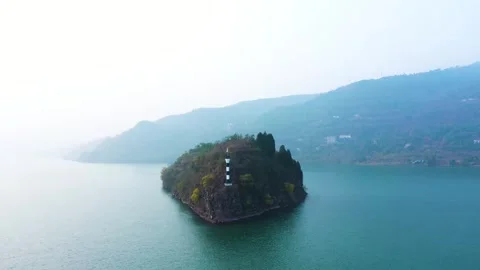 River Islet Navigation Lighthouse 4K Aerial During Sunset Stock Footage 321052263