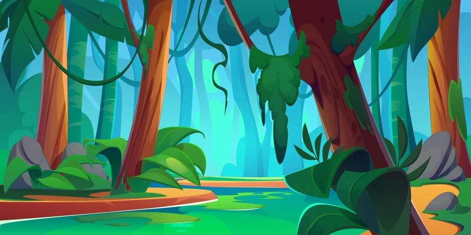 River in jungle forest vector background scene Ilustración de archivo