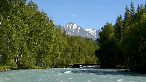 The river Kucherla flows against the background of snow mountains. Stock Footage 92670424