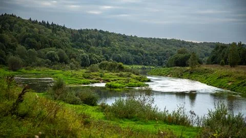 The river landscape is abundant with greenery and a forest, forming a tranquil Stock Photos