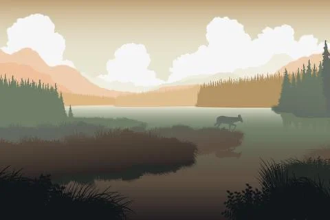 River landscape deer Stock Illustration