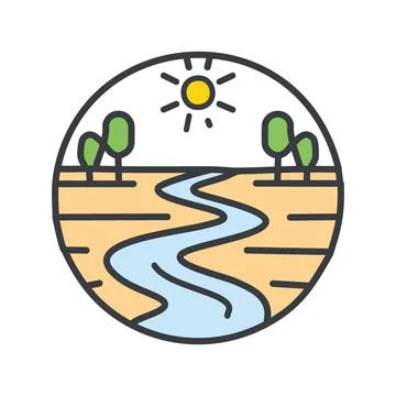 River landscape icon. Sun, trees, and a winding river create a simple natur.. Illustrazione stock