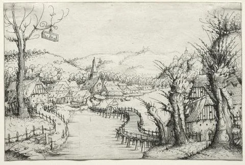 River Landscape with three bare willow-trees at right and a long winding wo.. Stock Illustration