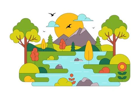 River Landscape Vector Illustration featuring Mountain View, Green Fields, .. Stock Illustration